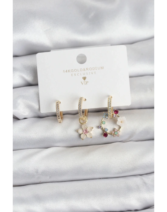 Çiçek Model Gold Renk Pirinç 3lü Kadın Küpe Seti