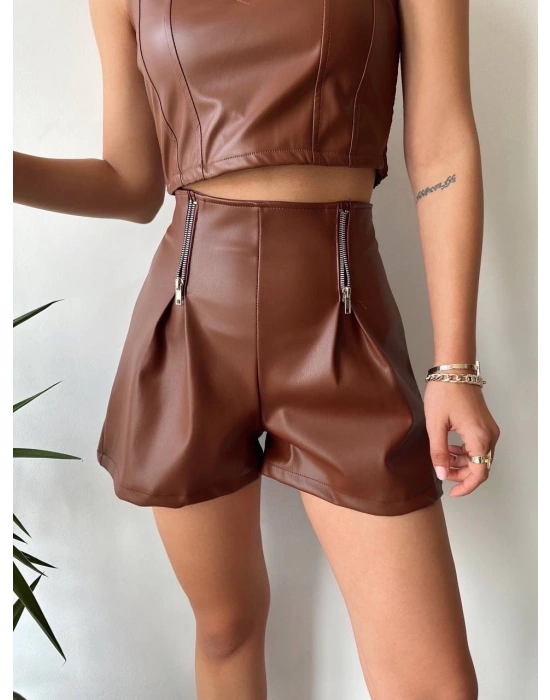 Çift fermuarlı deri şort kahve h24394