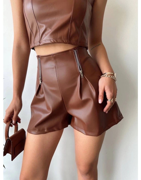 Çift fermuarlı deri şort kahve h24394