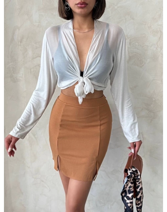 Çift yırtmaçlı etek camel s25910