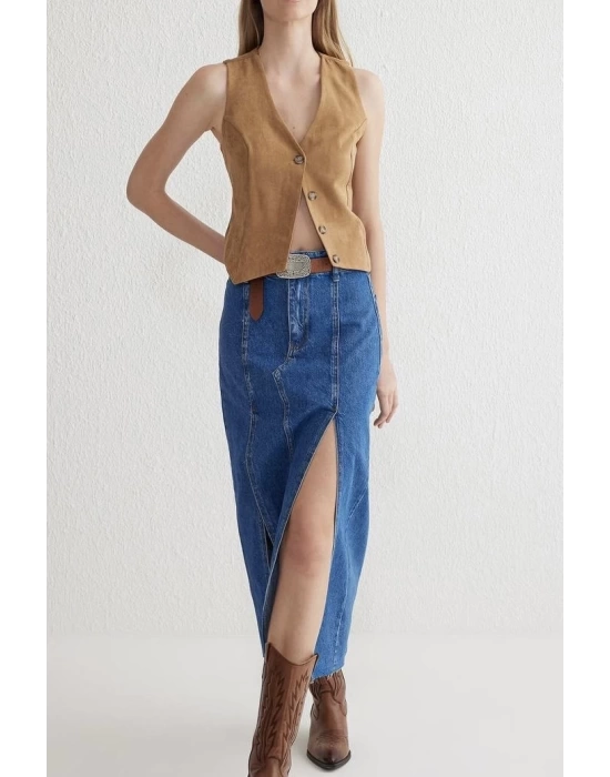 Çift yırtmaçlı jean etek s140
