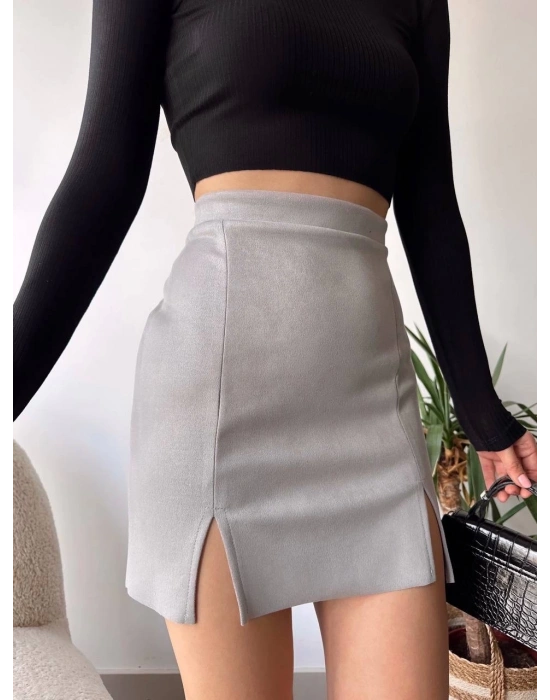 Çift yurtmaçlı süet etek gri s241002