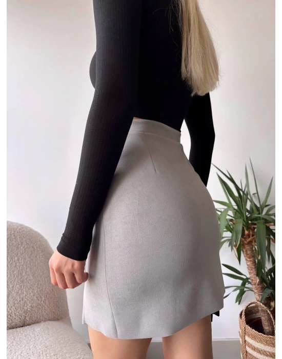 Çift yurtmaçlı süet etek gri s241002