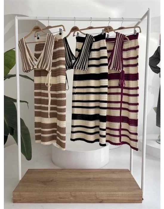 Çizgili Bikini Üst Ve Etek Triko Takım 10110