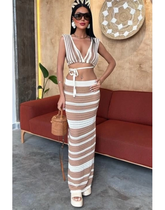 Çizgili Bikini Üst Ve Etek Triko Takım 10110