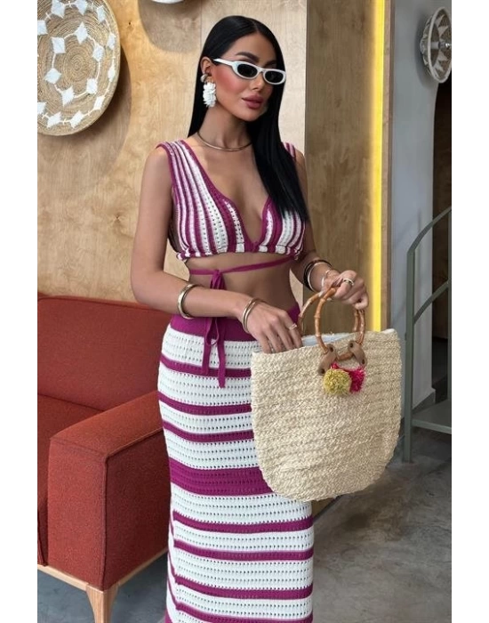 Çizgili Bikini Üst Ve Etek Triko Takım 10110