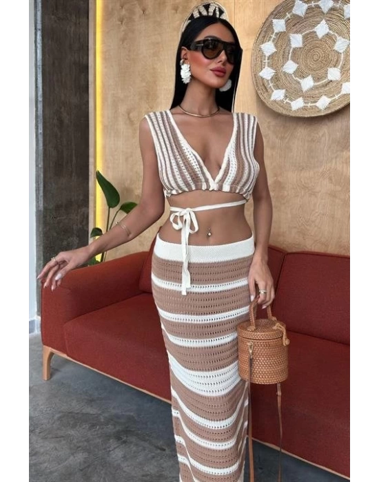 Çizgili Bikini Üst Ve Etek Triko Takım 10110