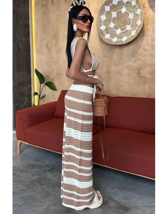 Çizgili Bikini Üst Ve Etek Triko Takım 10110