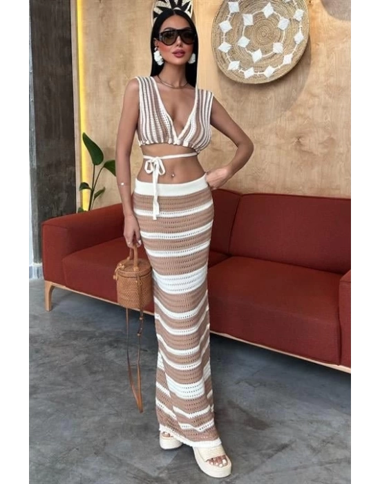 Çizgili Bikini Üst Ve Etek Triko Takım 10110