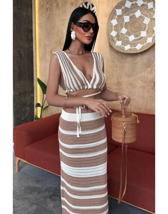 Çizgili Bikini Üst Ve Etek Triko Takım 10110