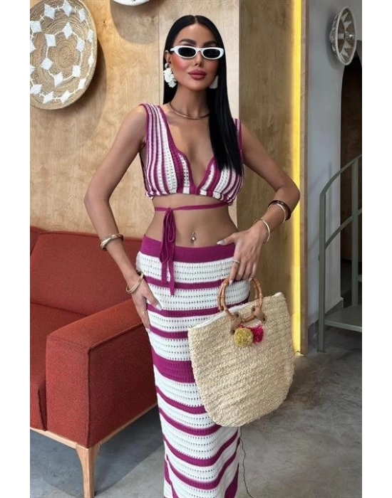 Çizgili Bikini Üst Ve Etek Triko Takım 10110