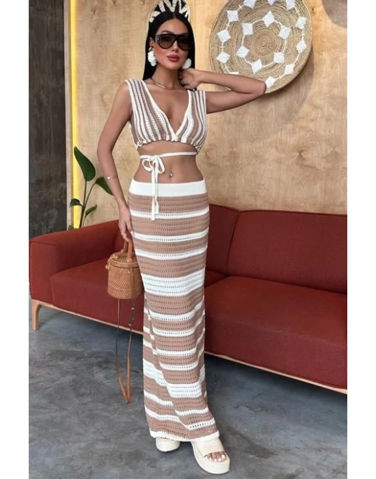 Çizgili Bikini Üst Ve Etek Triko Takım 10110