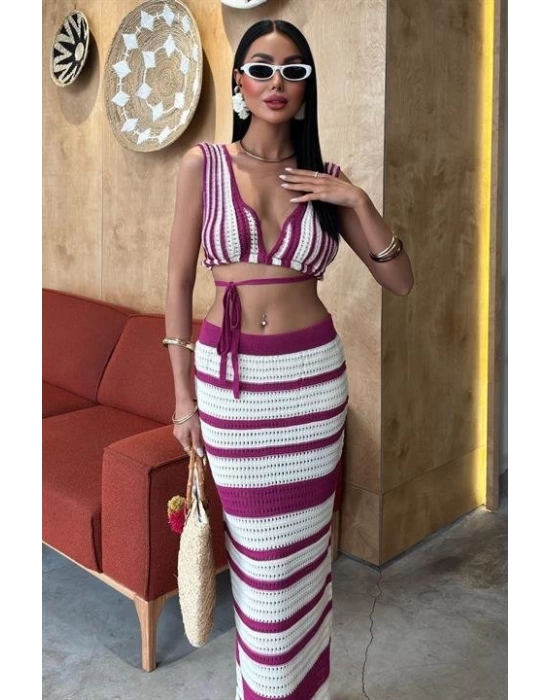 Çizgili Bikini Üst Ve Etek Triko Takım 10110