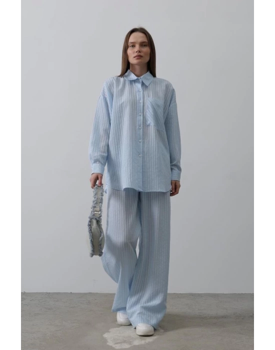 Çizgili Cep Detaylı Oversize Takım - Bebe Mavisi