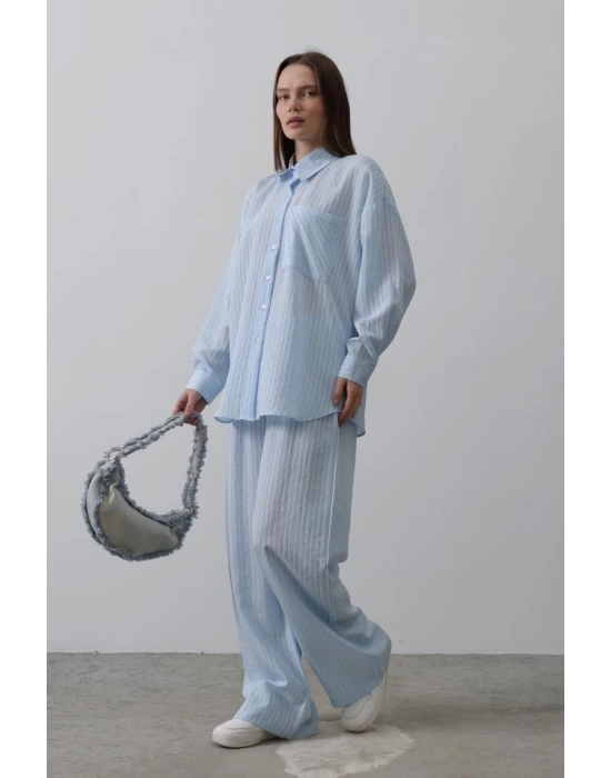 Çizgili Cep Detaylı Oversize Takım - Bebe Mavisi