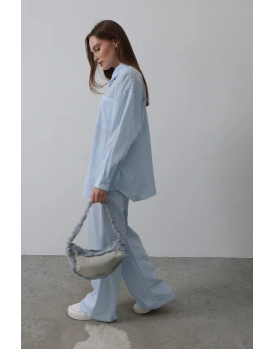Çizgili Cep Detaylı Oversize Takım - Bebe Mavisi
