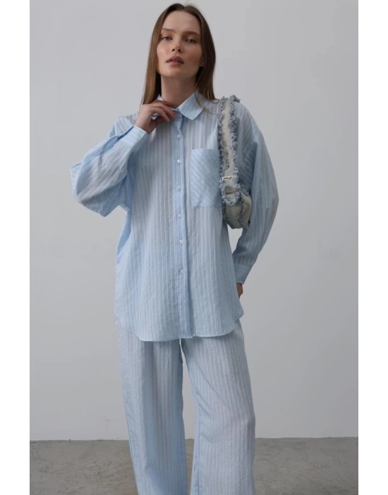 Çizgili Cep Detaylı Oversize Takım - Bebe Mavisi