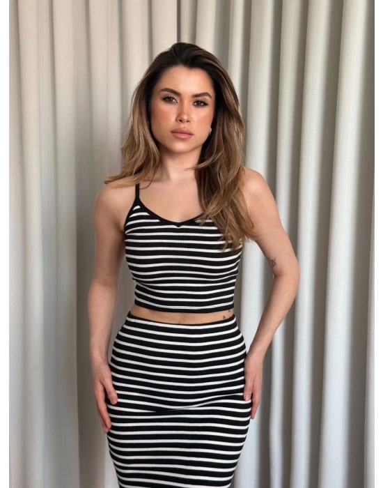Çizgili etek crop takım