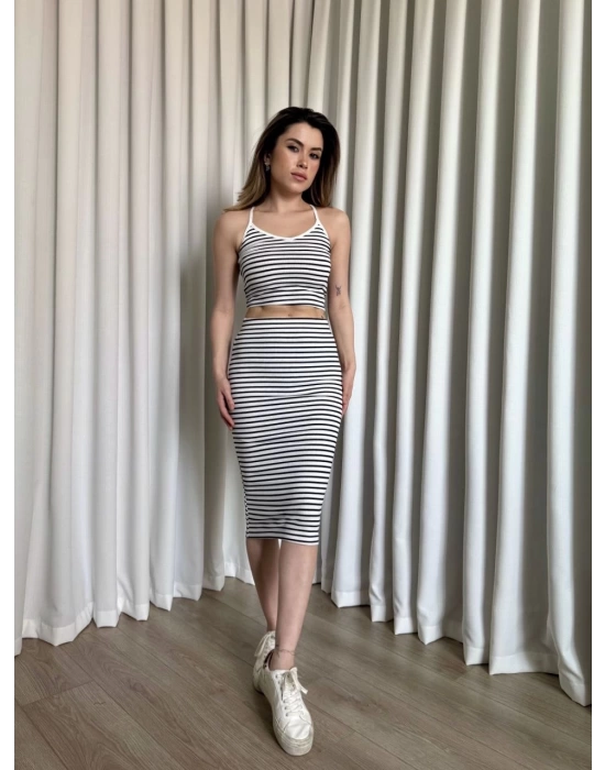 Çizgili etek crop takım