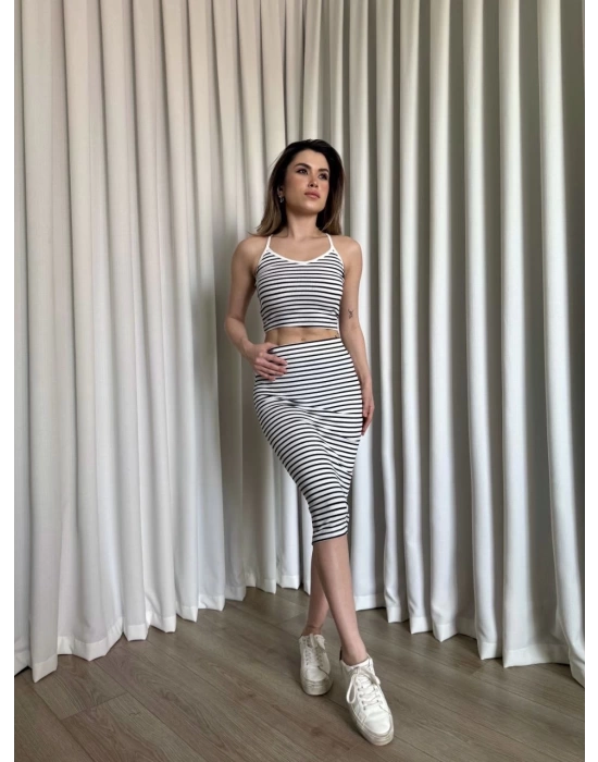 Çizgili etek crop takım