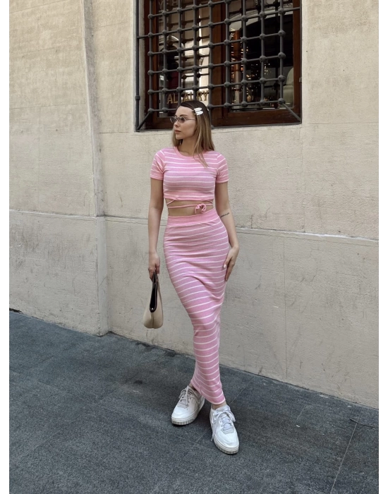 Çizgili etekli takım pembe s3609