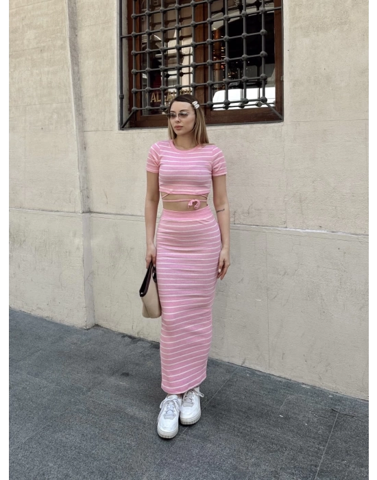 Çizgili etekli takım pembe s3609