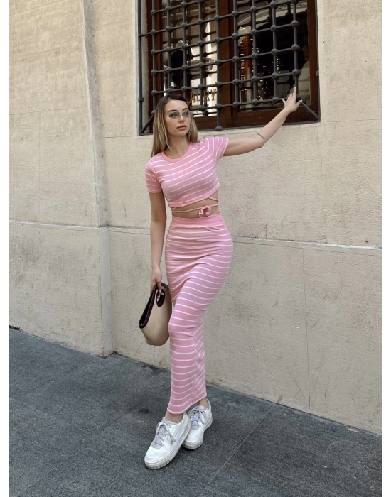 Çizgili etekli takım pembe s3609