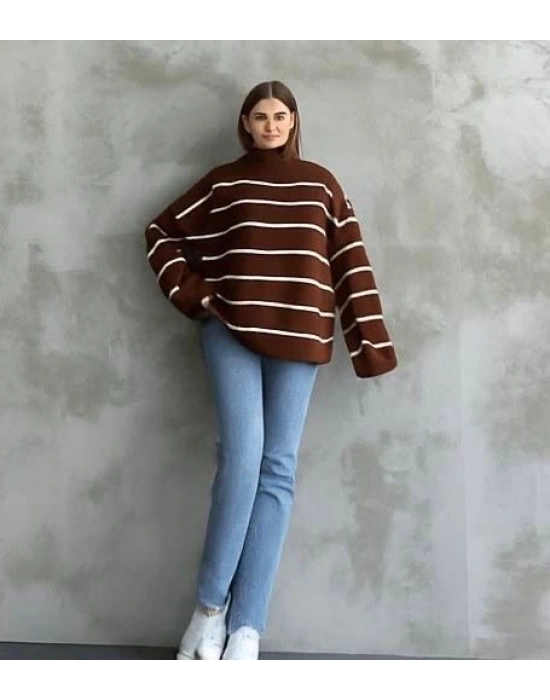 Çizgili ispanyol kol triko boğazlı kahve beyaz elf
