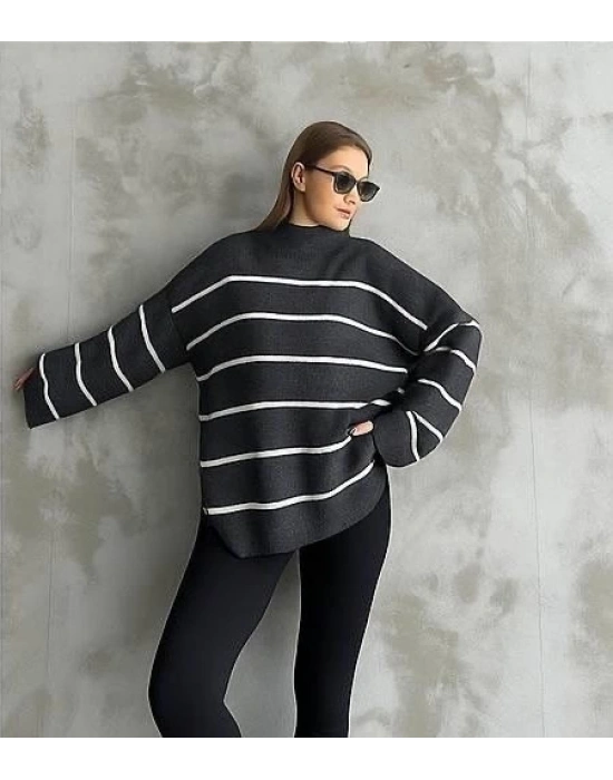 Çizgili ispanyol kol triko boğazlı kazak antrasit elf