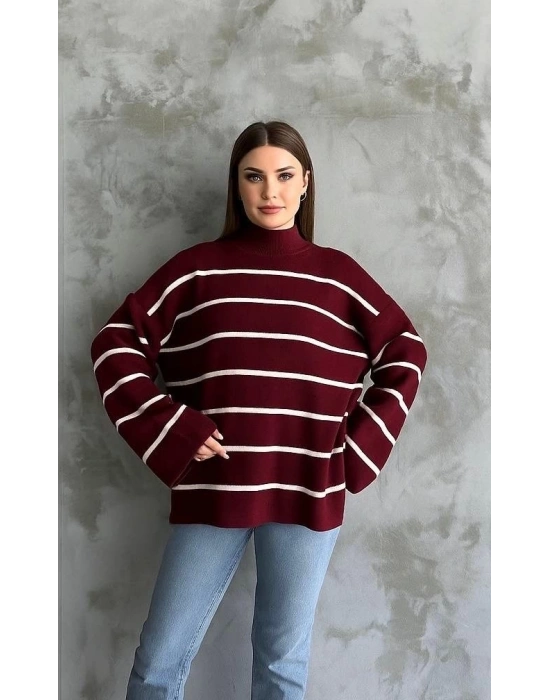 Çizgili ispanyol kol triko boğazlı kazak bordo elf
