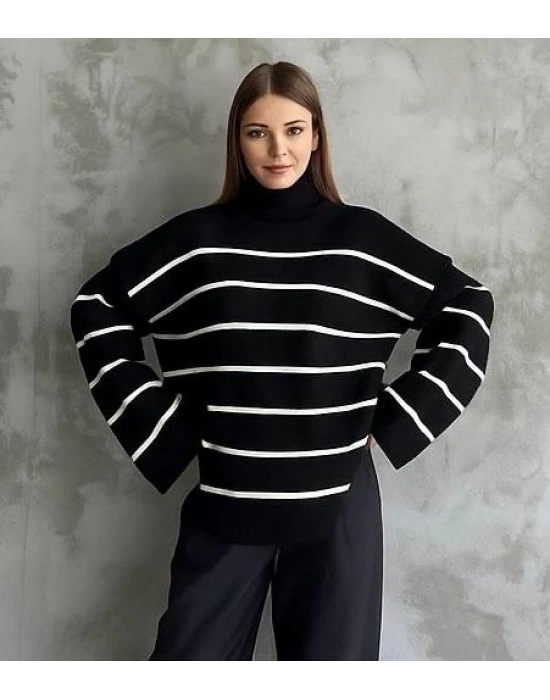 Çizgili ispanyol kol triko boğazlı kazak siyah elf