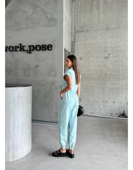 ÇİZGİLİ KETEN KOLSUZ CROP PANTOLON TAKIM - Yeşil