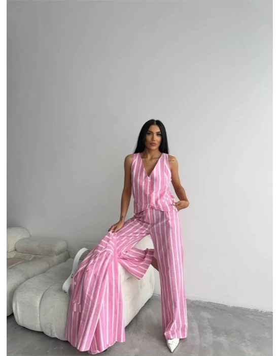 ÇİZGİLİ KETEN YELEK-PANTOLON TAKIM - Pembe
