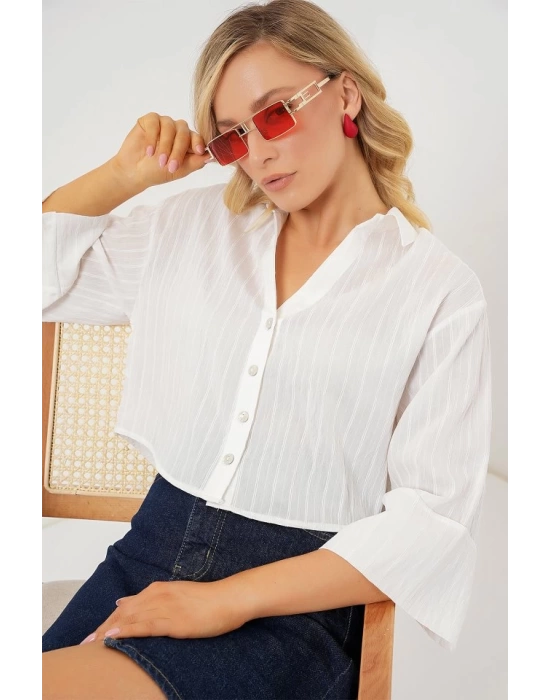 Çizgili Oversize Kısa Gömlek 20326 - Beyaz