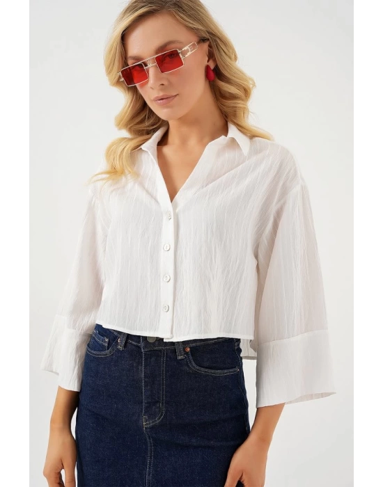 Çizgili Oversize Kısa Gömlek 20326 - Beyaz