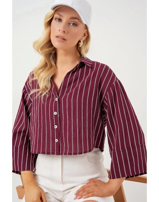 Çizgili Oversize Kısa Gömlek 20326 - Bordo