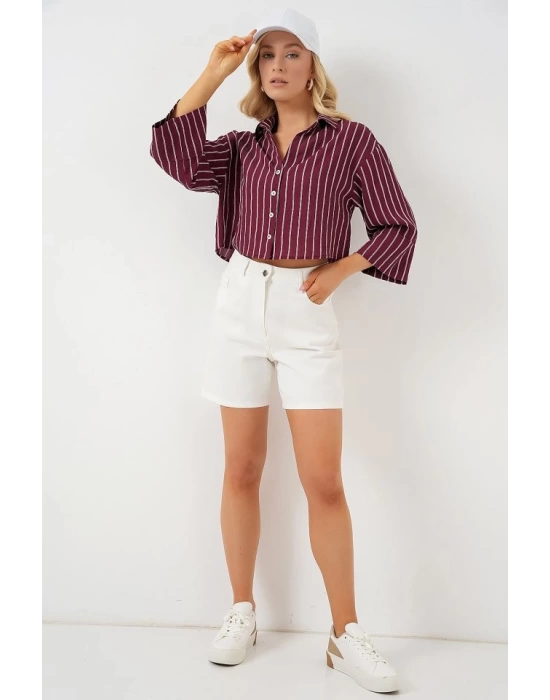 Çizgili Oversize Kısa Gömlek 20326 - Bordo