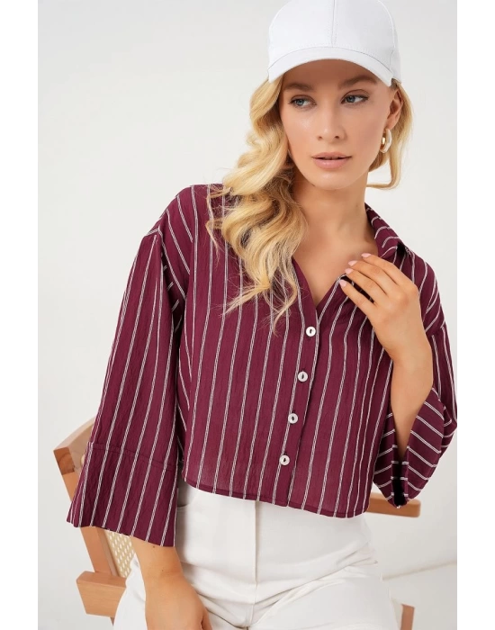 Çizgili Oversize Kısa Gömlek 20326 - Bordo