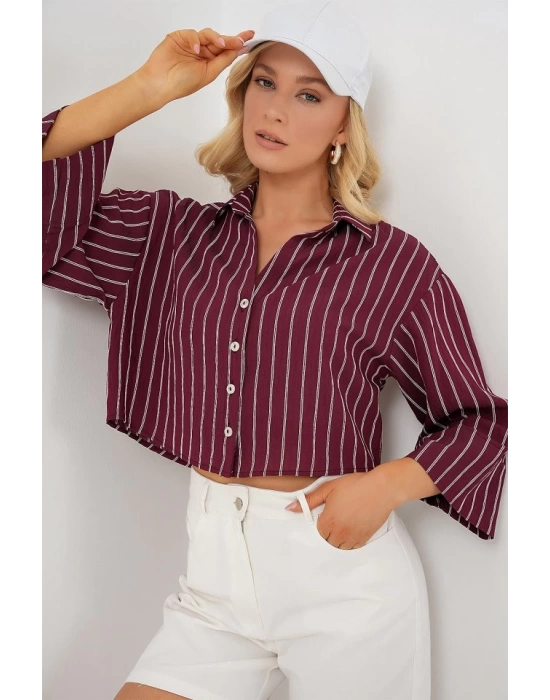 Çizgili Oversize Kısa Gömlek 20326 - Bordo