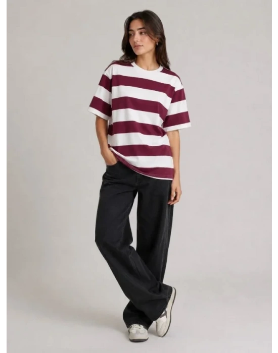 Çizgili Oversize Tişört Bisiklet Yaka Kısa Kol Yazlık T-Shirt - Bordo