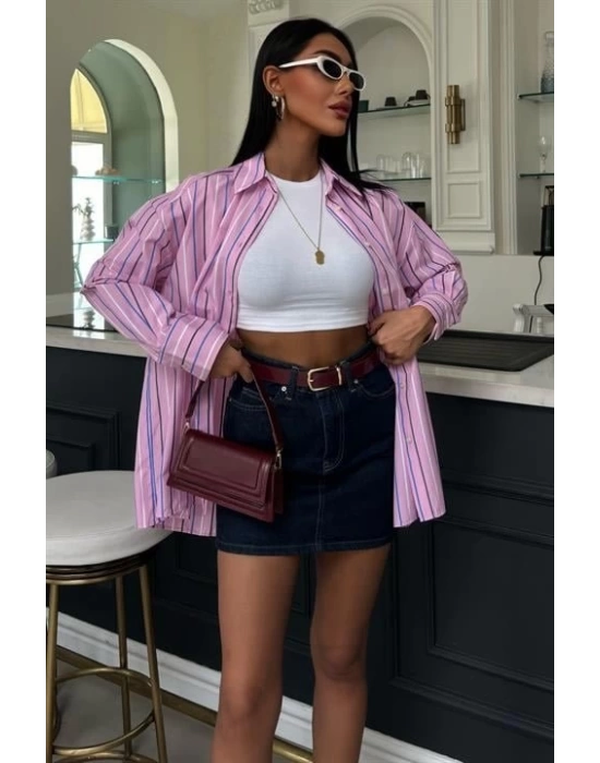 Çizgili Pembe Poplin Gömlek 3451