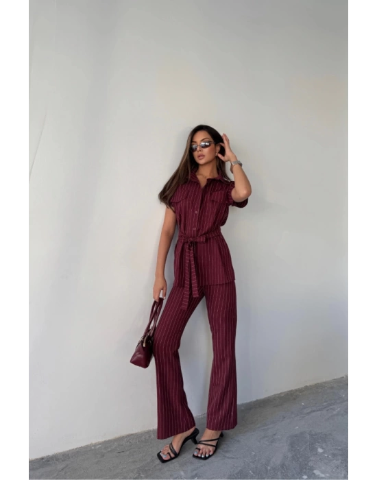 ÇİZGİLİ POLYVİSKON BLUZ - PANTOLON TAKIM - Bordo