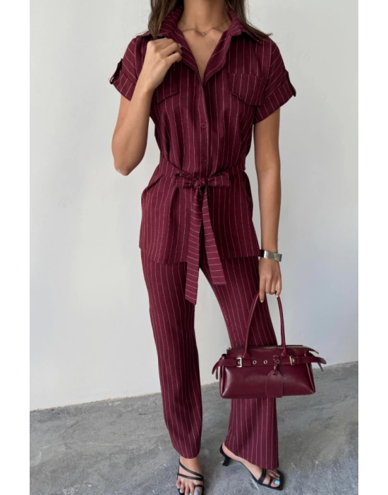 ÇİZGİLİ POLYVİSKON BLUZ - PANTOLON TAKIM - Bordo