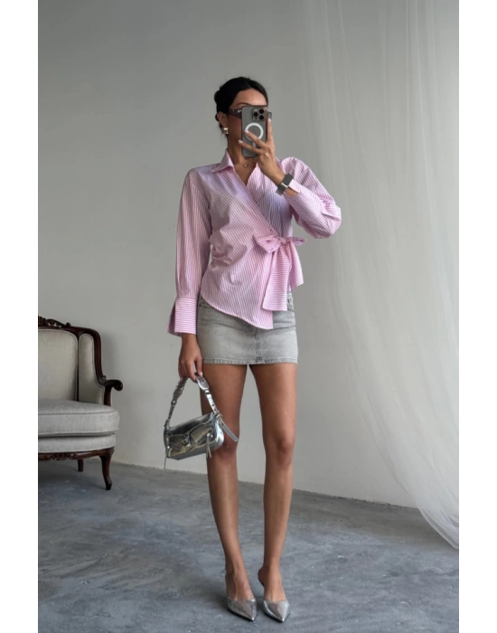 ÇİZGİLİ POPLİN KRUVAZE BAĞLAMALI GÖMLEK - Pembe