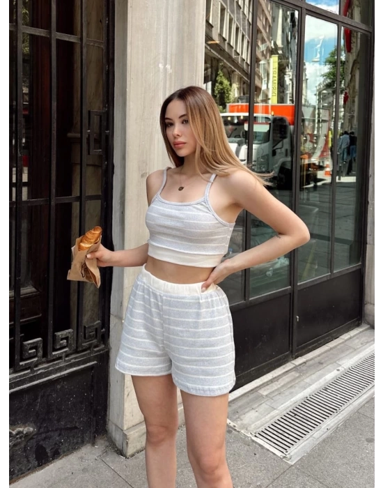 Çizgili şortlu takım gri s3978