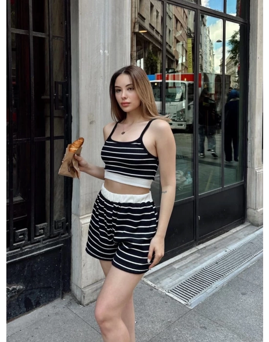 Çizgili şortlu takım siyah s3978