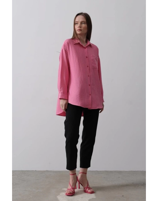 Çizgili Tek Cep Gömlek - Pembe