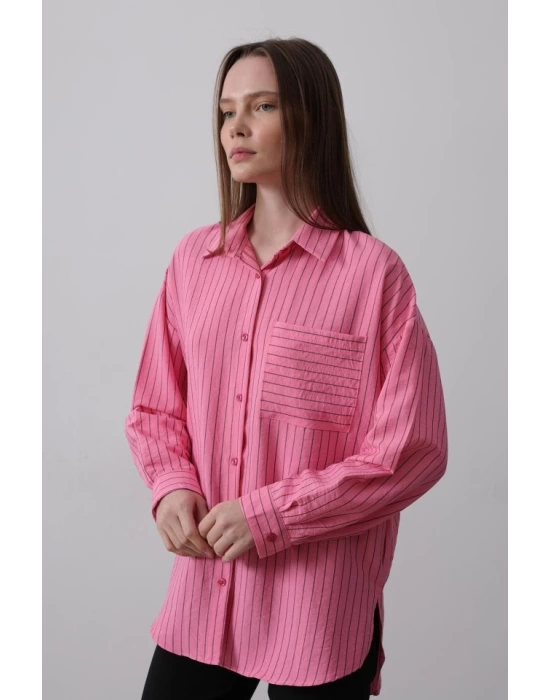 Çizgili Tek Cep Gömlek - Pembe
