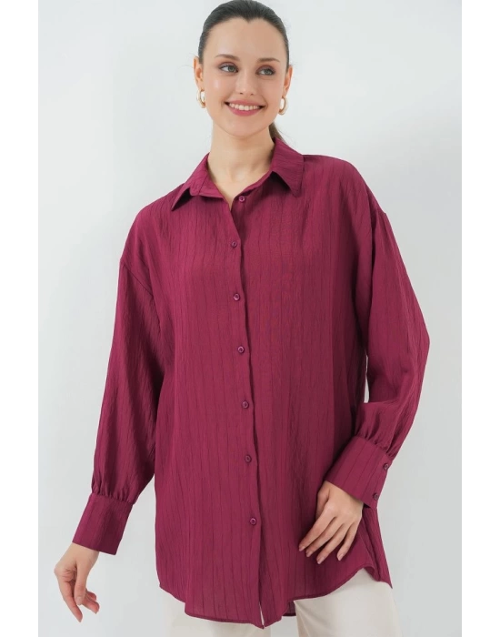 Çizgili Uzun Gömlek Tunik 5963 - Bordo