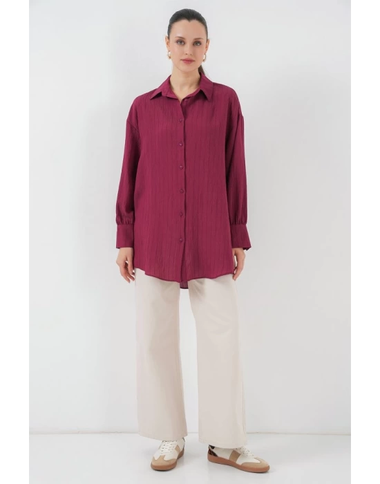 Çizgili Uzun Gömlek Tunik 5963 - Bordo